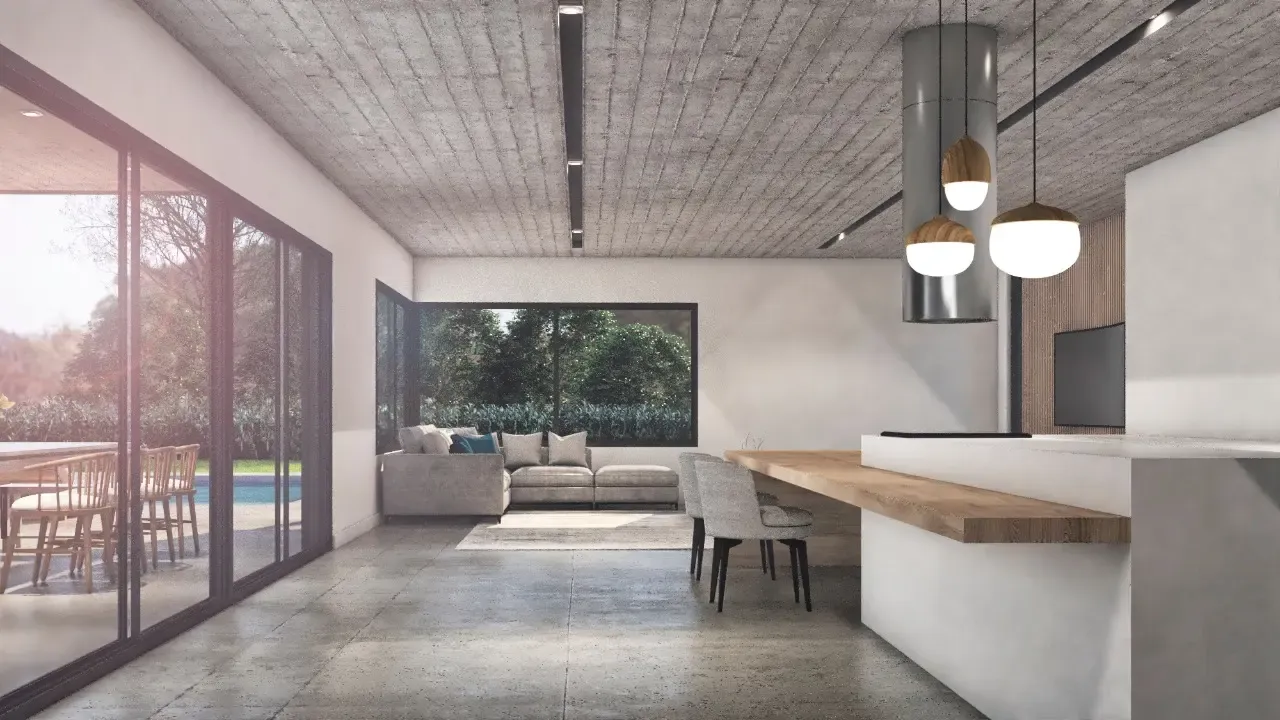 Interior de RBQ 365, cocina con isla y estar integrado